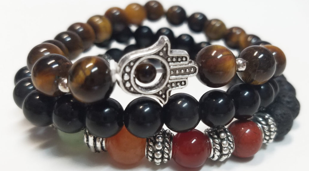 Chakra Rox Courage Bracelet Set for Courage featuring Tiger's Eye bracelet, 7-Chakra Bracelet and Black Obsidian Bracelet for Heaing