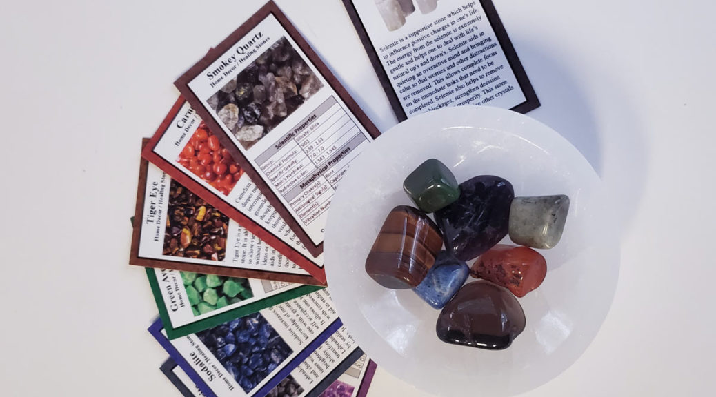 Large Selenite Bowl with Chakra Healing Tumbled Stone Set including information cards for each - Amethyst, Labradorite, Sodalite, Avenutine, Tiger's Eye, Carnelian and Smoky Quartz