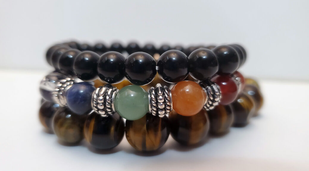 Courage and Confidence Set Featuring Tiger's Eye Bracelet, Black Obisidian bracelet and 7-Chakra Healing / Diffuser Bracelet featuring Lava Stones